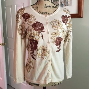 SOLD - Garnet Hill Merino Wool Eco Cream Floral Cardigan